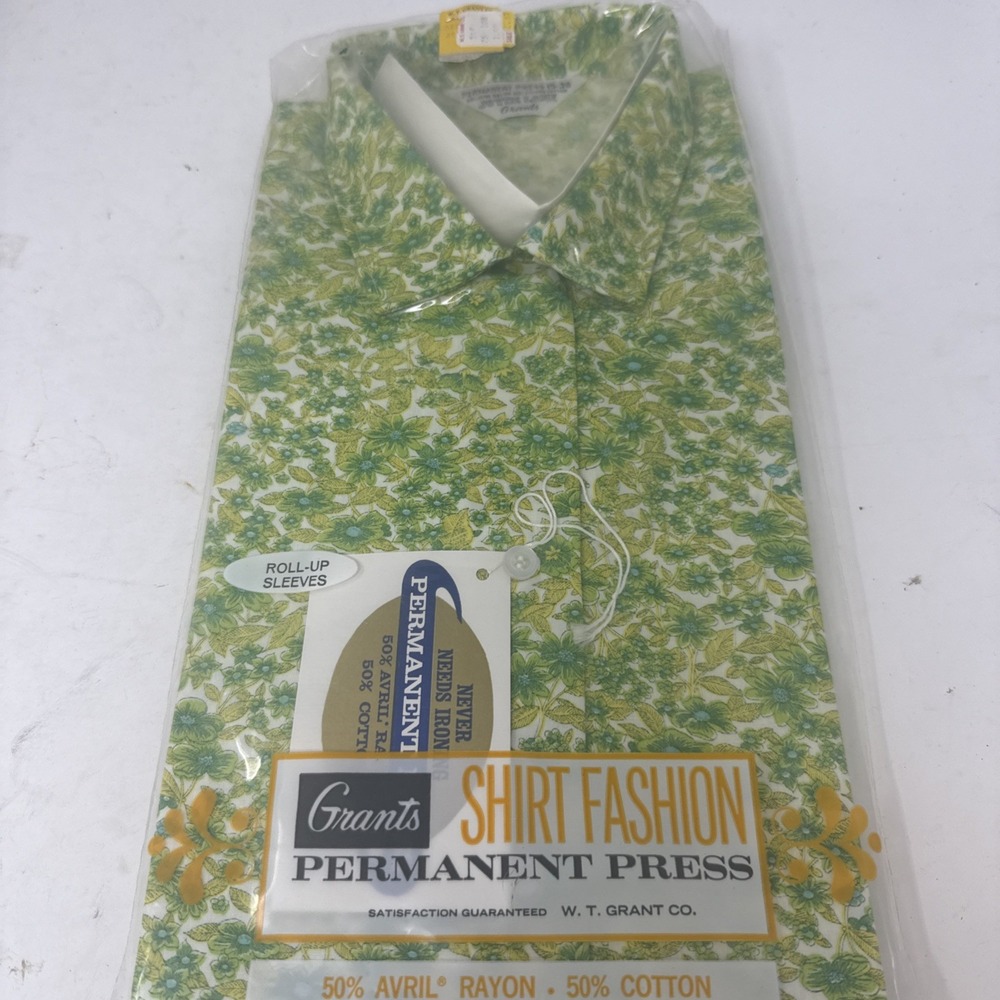 VTG Womens M 1960s Joyce Lane Grants Top AOP Floral Shirt Hippie 1970s USA Green